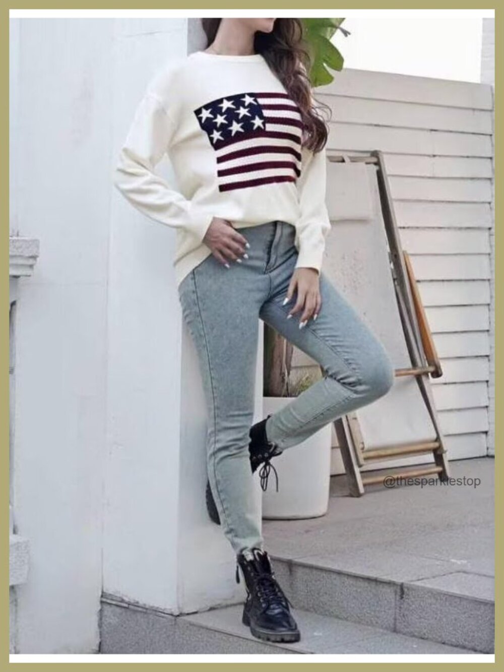 American Flag Knit Pullover Sweater Viscose Blend Long Sleeve Crew Neck - Picture 3 of 6